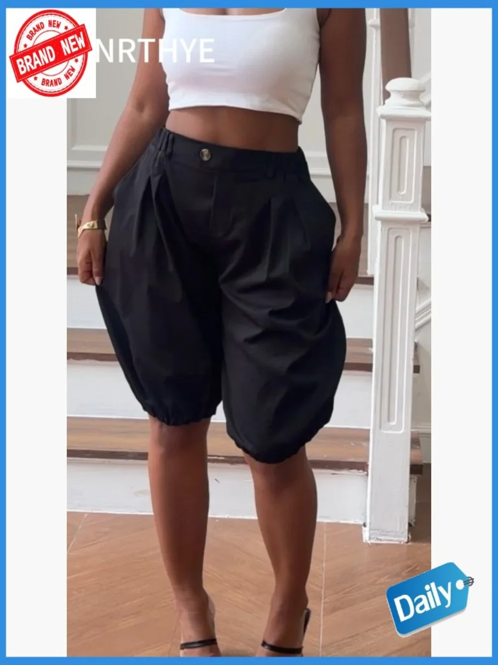Women's Wide Leg Bloomer Shorts Baggy High Waisted Bermuda Lantern Balloon